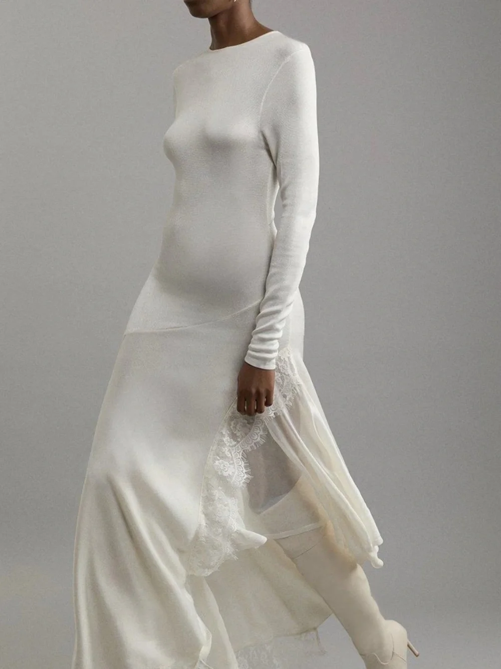 Karen Millen Elegant Long-Sleeve White Maxi Dress with Lace Trim - Picture 1 of 6